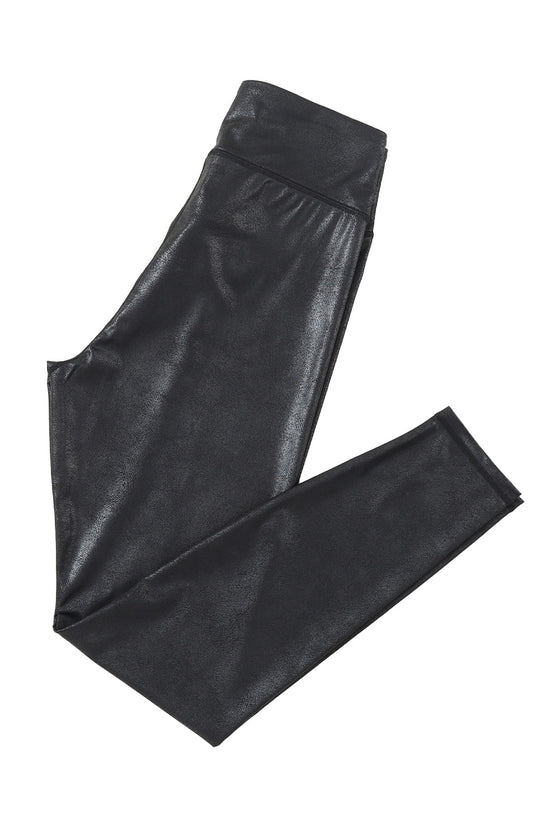PACK761401-P2-1, Black Crossed Dip Waist Sleek Leather Leggings
