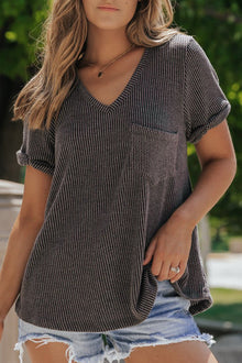  PACK25223518-P4011-2, Carbon Grey Twist Short Sleeve Corded V Neck Top