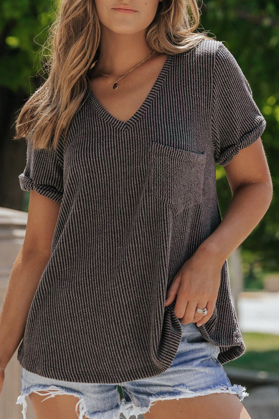 PACK25223518-P4011-2, Carbon Grey Twist Short Sleeve Corded V Neck Top
