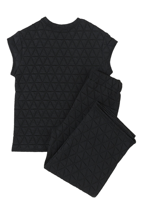 PACK625346-P2-1, Black Quilted Short Sleeve Wide Leg Pants Set
