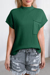 PACK2724250-P309-1, PACK2724250-P309-2, Blackish Green Patch Pocket Ribbed Knit Short Sleeve Sweater