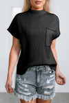 PACK2724250-P2-1, PACK2724250-P2-2, Black Patch Pocket Ribbed Knit Short Sleeve Sweater