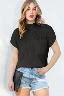  PACK2724250-P2-2, Black Patch Pocket Ribbed Knit Short Sleeve Sweater