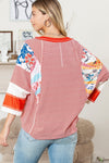 PACK25122088-3-1, Red Fiery Pinstriped Color Block Patchwork Oversized Top