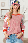 PACK25122088-3-1, Red Fiery Pinstriped Color Block Patchwork Oversized Top