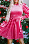 PACK6118065-P6-1, Rose Red Frilled Neck Smocked Bodice Velvet Dress