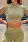 LC2611580-P1409-S, LC2611580-P1409-M, LC2611580-P1409-L, Guacamole Green Ribbed Mock Neck Cropped Top And Leggings Active Set