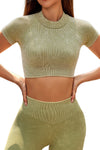 LC2611580-P1409-S, LC2611580-P1409-M, LC2611580-P1409-L, Guacamole Green Ribbed Mock Neck Cropped Top And Leggings Active Set