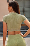 LC2611580-P1409-S, LC2611580-P1409-M, LC2611580-P1409-L, Guacamole Green Ribbed Mock Neck Cropped Top And Leggings Active Set