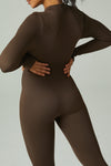 LC2631188-P1017-S, LC2631188-P1017-M, LC2631188-P1017-L, Coffee Solid Color Long Sleeve Zipped Ribbed Sports Jumpsuit