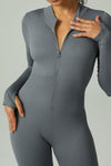 LC2631188-P2011-S, LC2631188-P2011-M, LC2631188-P2011-L, Dark Grey Solid Color Long Sleeve Zipped Ribbed Sports Jumpsuit