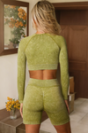 LC260342-P1409-S, LC260342-P1409-M, LC260342-P1409-L, Guacamole Green Ribbed Long Sleeve Crop Top And Shorts Active Set