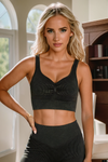 LC2611579-P2-S, LC2611579-P2-M, LC2611579-P2-L, Black Ribbed Ruched Sports Bra and Leggings Active Set