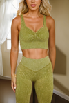 LC2611579-P709-S, LC2611579-P709-M, LC2611579-P709-L, Spinach Green Ribbed Ruched Sports Bra and Leggings Active Set