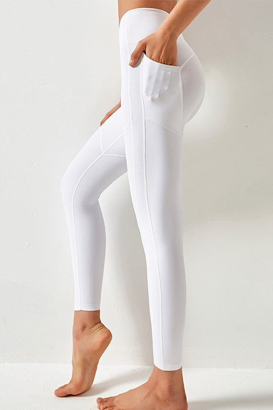 LC265402-P1-S, LC265402-P1-M, LC265402-P1-L, LC265402-P1-XL, LC265402-P1-2XL, White  Seamed High Waist Active Leggings With Pockets