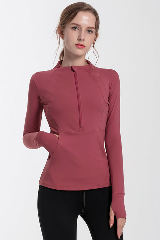 LC266020-P303-S, LC266020-P303-M, LC266020-P303-L, LC266020-P303-XL, Mineral Red Half Zipped Kangaroo Pocket Yoga Top