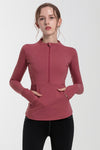 LC266020-P303-S, LC266020-P303-M, LC266020-P303-L, LC266020-P303-XL, Mineral Red Half Zipped Kangaroo Pocket Yoga Top