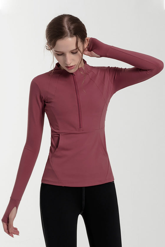 LC266020-P303-S, LC266020-P303-M, LC266020-P303-L, LC266020-P303-XL, Mineral Red Half Zipped Kangaroo Pocket Yoga Top