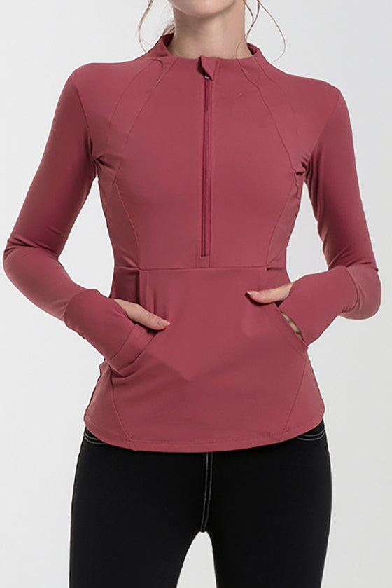 LC266020-P303-S, LC266020-P303-M, LC266020-P303-L, LC266020-P303-XL, Mineral Red Half Zipped Kangaroo Pocket Yoga Top