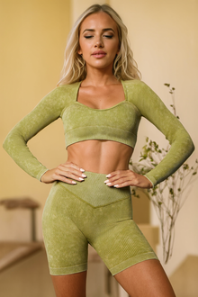  LC260342-P1409-S, LC260342-P1409-M, LC260342-P1409-L, Guacamole Green Ribbed Long Sleeve Crop Top And Shorts Active Set