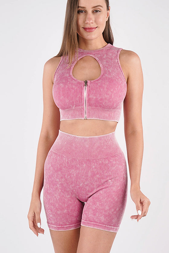 LC2611586-P10-S, LC2611586-P10-M, LC2611586-P10-L, Pink Ribbed Zip Up Cutout Crop Top With Shorts Active Set