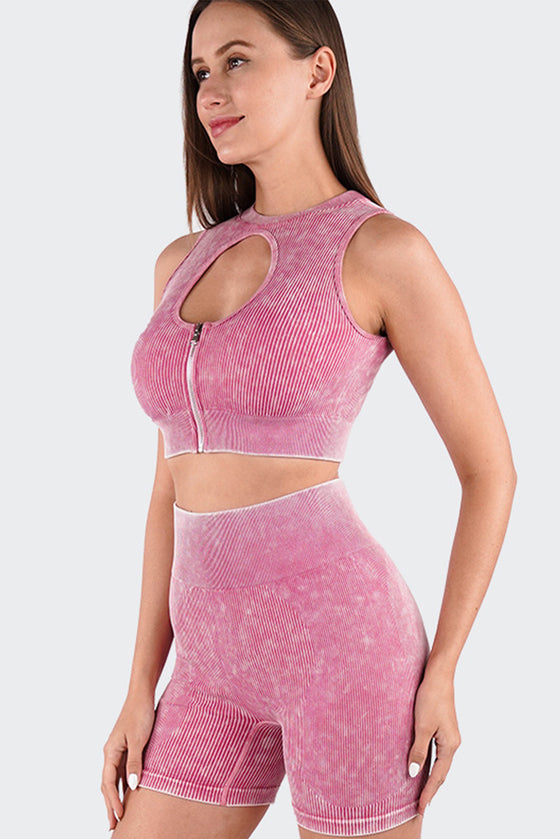 LC2611586-P10-S, LC2611586-P10-M, LC2611586-P10-L, Pink Ribbed Zip Up Cutout Crop Top With Shorts Active Set