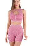 LC2611586-P10-S, LC2611586-P10-M, LC2611586-P10-L, Pink Ribbed Zip Up Cutout Crop Top With Shorts Active Set