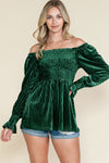 PACK25123661-P309-1, Blackish Green Smocked Ribbed Velvet Babydoll Top