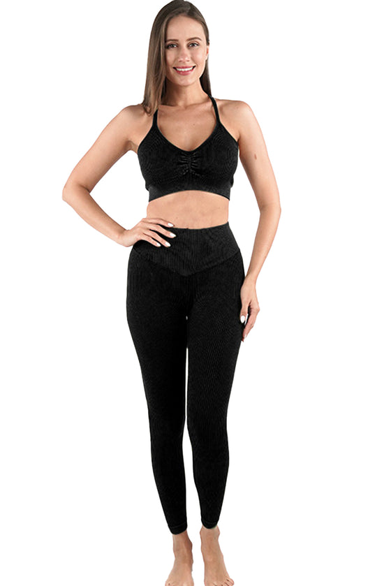 LC2611584-P2-S, LC2611584-P2-M, LC2611584-P2-L, Black Seamless Ribbed Spaghetti Straps Bra Leggings Sports Set