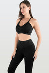 LC2611584-P2-S, LC2611584-P2-M, LC2611584-P2-L, Black Seamless Ribbed Spaghetti Straps Bra Leggings Sports Set