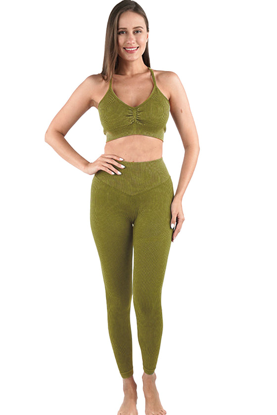 LC2611584-P1409-S, LC2611584-P1409-M, LC2611584-P1409-L, Guacamole Green Seamless Ribbed Spaghetti Straps Bra Leggings Sports Set