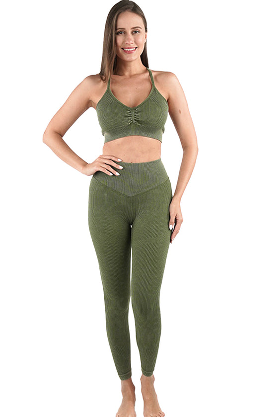 LC2611584-P1609-S, LC2611584-P1609-M, LC2611584-P1609-L, Moss Green Seamless Ribbed Spaghetti Straps Bra Leggings Sports Set