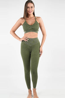  LC2611584-P1609-S, LC2611584-P1609-M, LC2611584-P1609-L, Moss Green Seamless Ribbed Spaghetti Straps Bra Leggings Sports Set