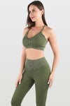 LC2611584-P1609-S, LC2611584-P1609-M, LC2611584-P1609-L, Moss Green Seamless Ribbed Spaghetti Straps Bra Leggings Sports Set