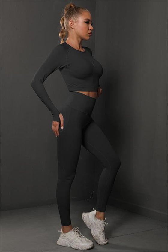 PACK2611590-P2-1, Black Solid Long Sleeve Two Piece Yoga Set