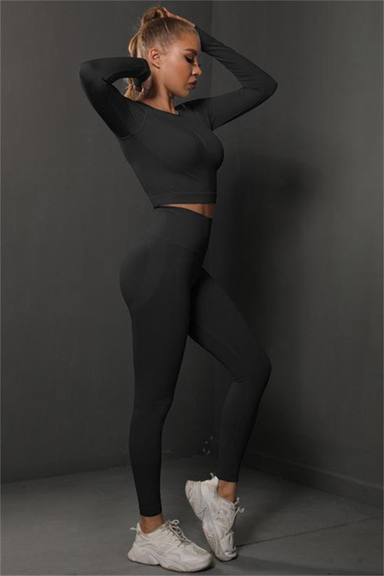 PACK2611590-P2-1, Black Solid Long Sleeve Two Piece Yoga Set