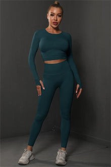  PACK2611590-P1709-1, Sea Green Solid Long Sleeve Two Piece Yoga Set