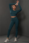PACK2611590-P1709-1, Sea Green Solid Long Sleeve Two Piece Yoga Set
