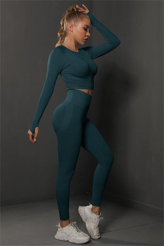 PACK2611590-P1709-1, Sea Green Solid Long Sleeve Two Piece Yoga Set