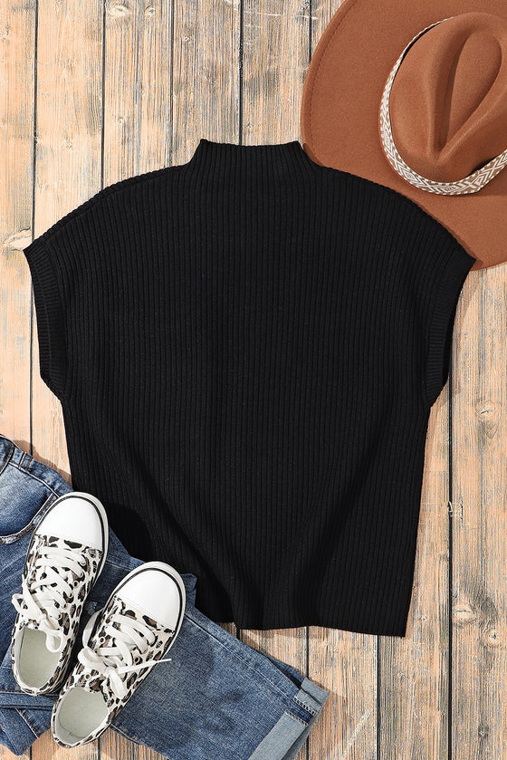 PACK2724250-P2-2, Black Patch Pocket Ribbed Knit Short Sleeve Sweater