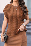 PACK2724323-P2017-2, Chestnut Crew Neck Cable Knit Short Sleeve Sweater