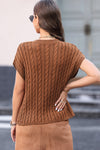 PACK2724323-P2017-1, PACK2724323-P2017-2, Chestnut Crew Neck Cable Knit Short Sleeve Sweater