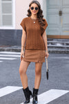 PACK2724323-P2017-2, Chestnut Crew Neck Cable Knit Short Sleeve Sweater