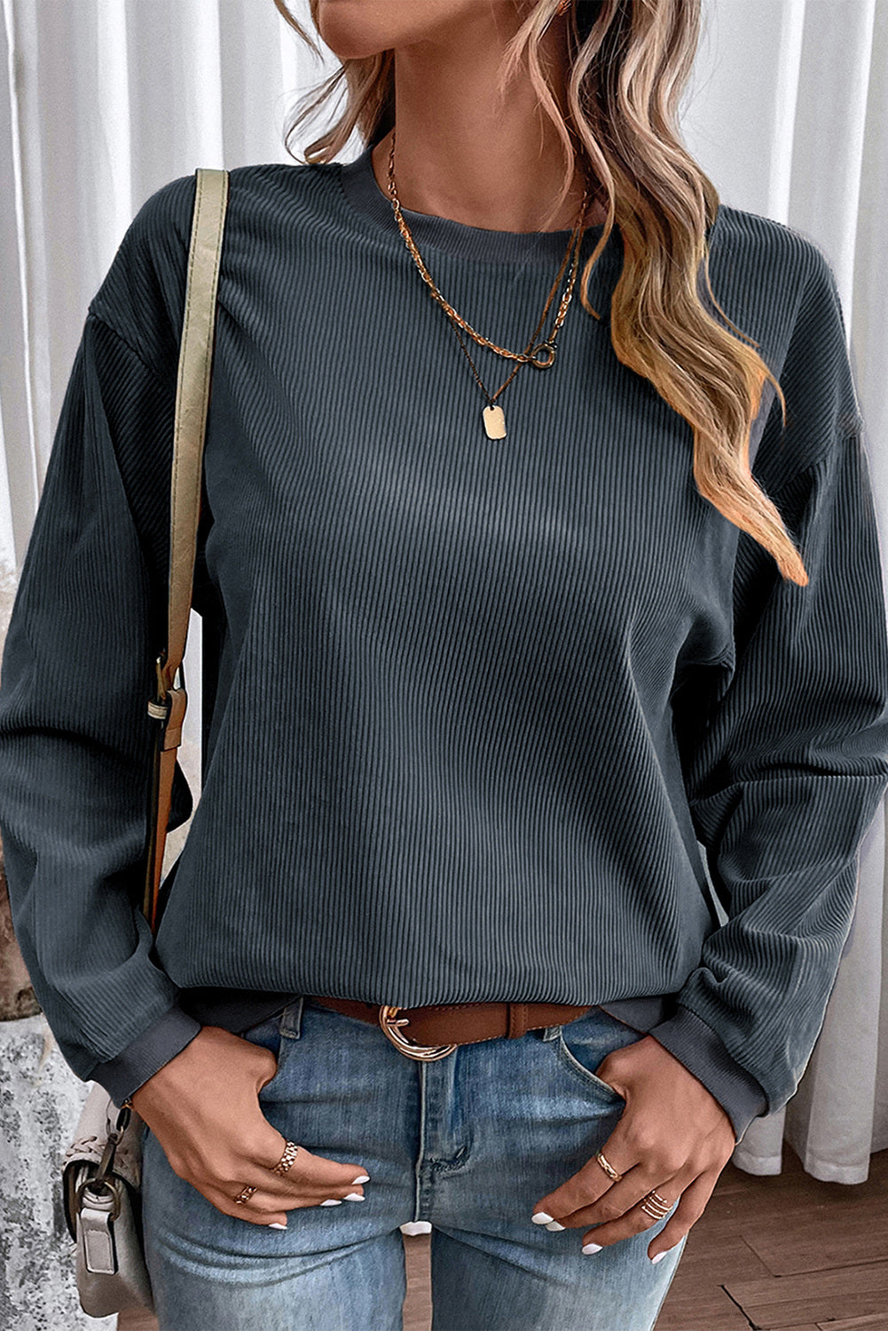  PACK25312934-P2011-1, Dark Grey JOLENE Ribbed Corded Oversized Sweatshirt