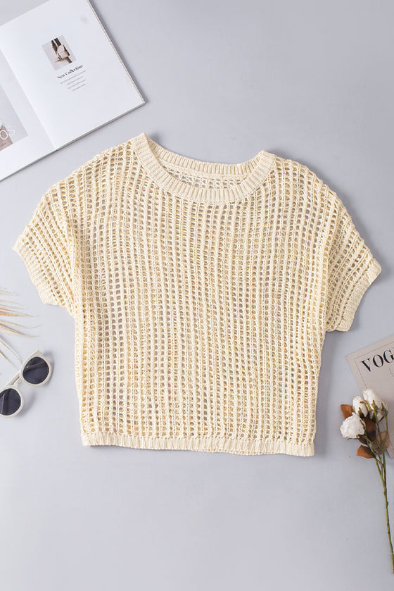 PACK277006-18-1, PACK277006-18-2, Apricot Fishnet Knit Ribbed Round Neck Short Sleeve Sweater Tee