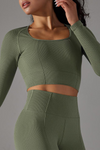 LC264624-P1609-S, LC264624-P1609-M, LC264624-P1609-L, Moss Green Cropped Yoga Long-Sleeved Top