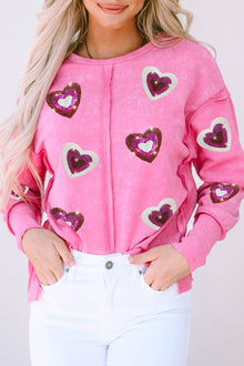  PACK25317060-6-1, Rose Sequin Heart Shaped Exposed Seam Pullover Sweatshirt