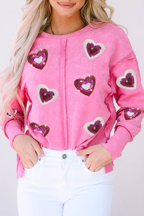 PACK25317060-6-1, Rose Sequin Heart Shaped Exposed Seam Pullover Sweatshirt