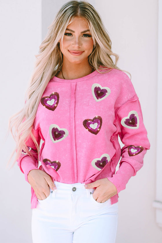PACK25317060-6-1, Rose Sequin Heart Shaped Exposed Seam Pullover Sweatshirt