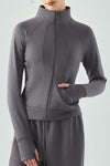 LC264627-P2011-S, LC264627-P2011-M, LC264627-P2011-L, LC264627-P2011-XL, Dark Grey Active Solid Zipper Yoga Coat